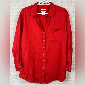 Christian Soriano 100% Linen Oversized Blouse Cherry Red Button Up Small